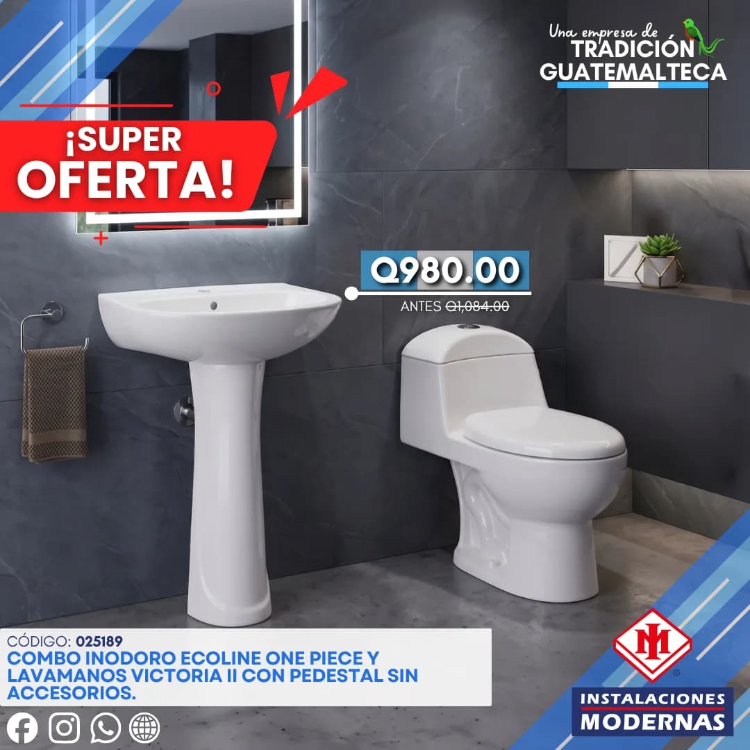 COMBO INODORO 1P ECOLINE ELON. BL + Lavamanos VICTORIA ll BL C/ACCS S/PED.